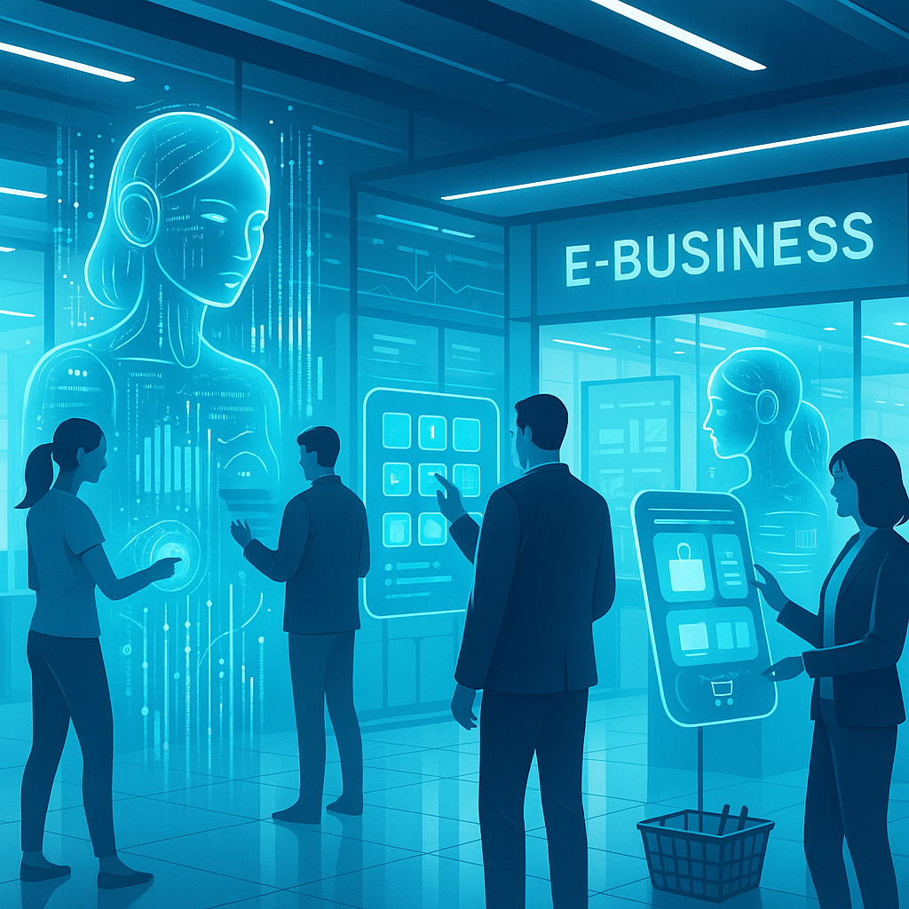 A futuristic e-business scene showing AI holograms and consumers engaging with virtual shopping technologies symbolizing AI revolution in e-commerce 2024