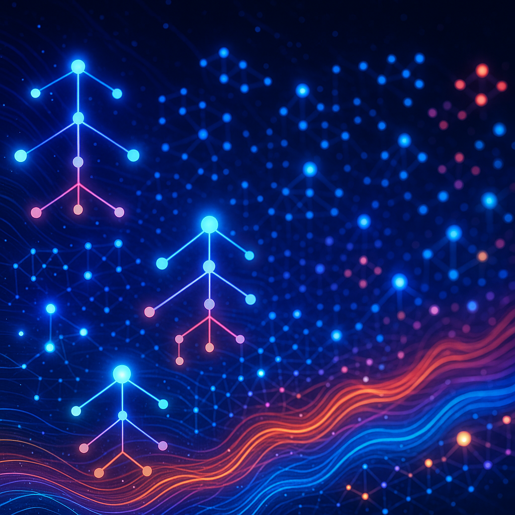 Abstract illustration of autonomous computer agents in a network, symbolizing AI-driven decision making in dynamic environments