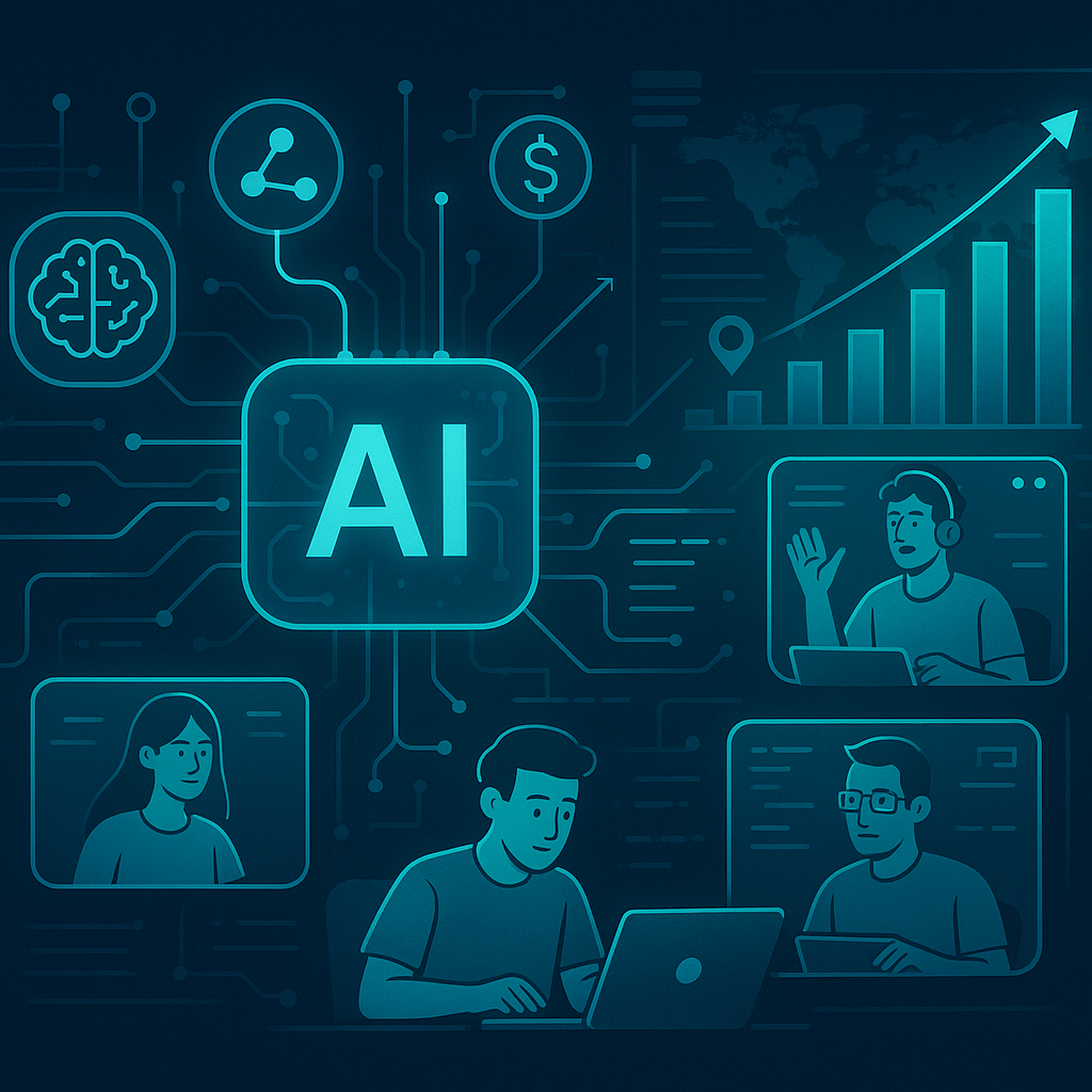 Illustration of AI-powered online marketing and outsourced custom software development collaboration driving business growth