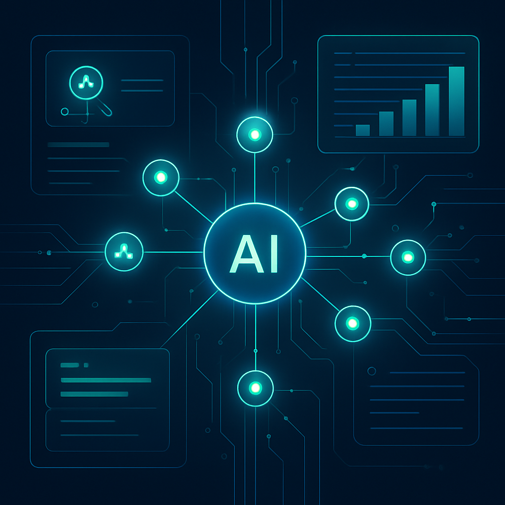 Illustration of intelligent AI agents interacting in a digital network representing their role in custom software design and AI technology advancements.