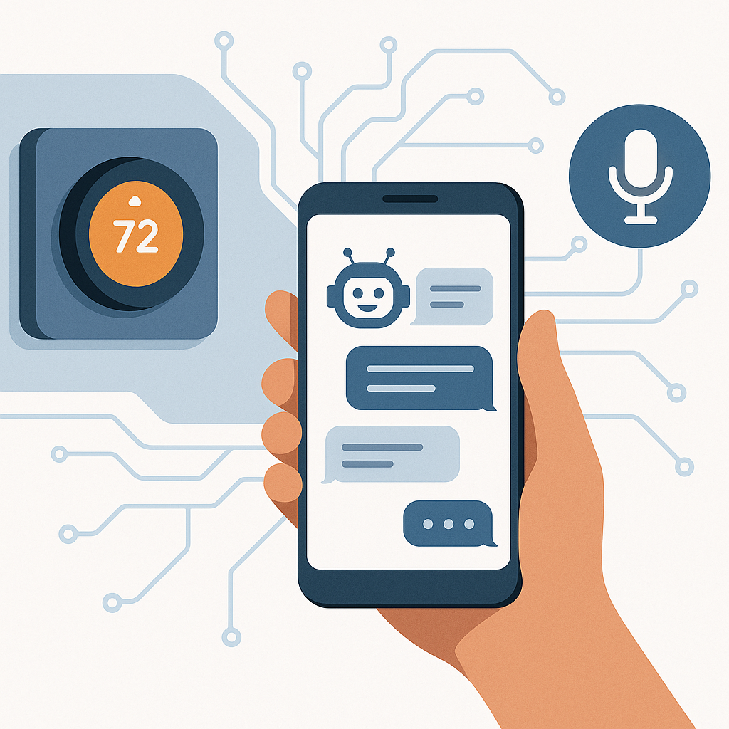 Illustration showing simple AI systems like smart thermostat, chatbot, and digital assistant transforming everyday tasks