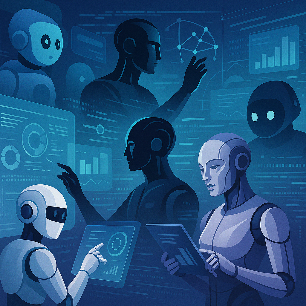 Illustration of intelligent artificial intelligence agents interacting with digital technology and data streams, symbolizing AI programs and intelligent agents in action.