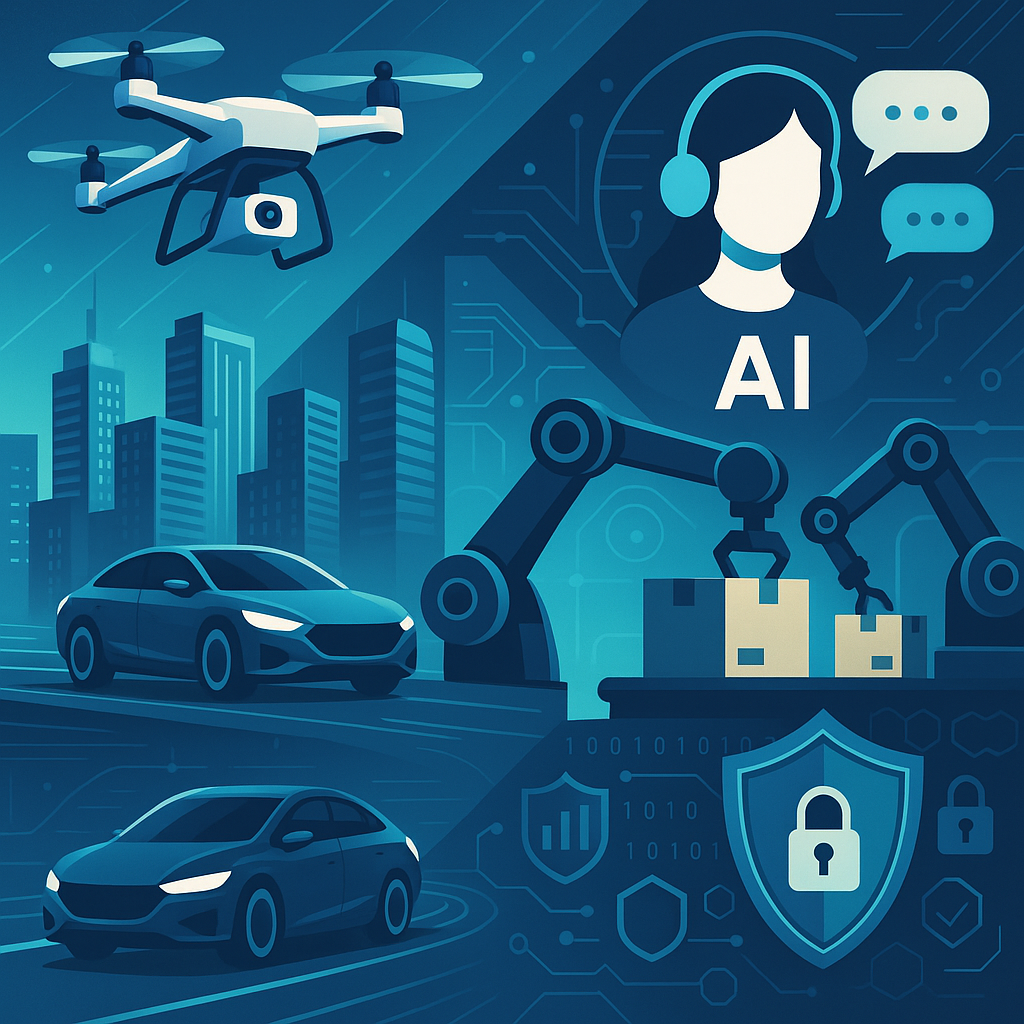 Illustration depicting diverse real-world AI agents including drones, virtual assistants, autonomous vehicles, and cybersecurity icons, showcasing their applications in modern technology
