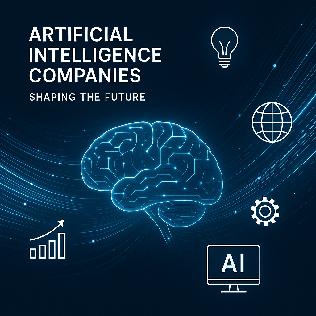 An abstract digital brain with glowing data streams and business innovation icons representing how AI companies shape the future of artificial intelligence