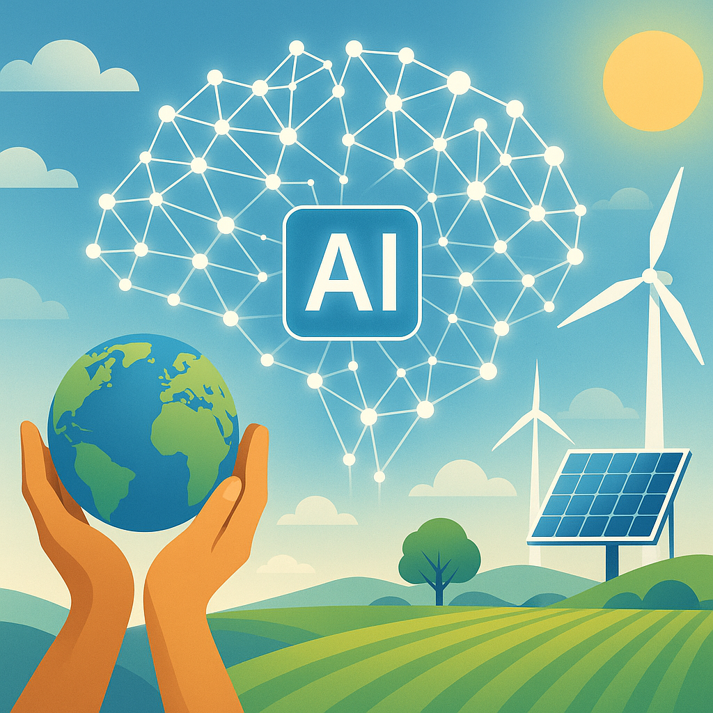 Digital illustration of AI network connecting humanitarian aid elements like globe, renewable energy, and farming symbolizing 'Harnessing AI for Good in 2024'