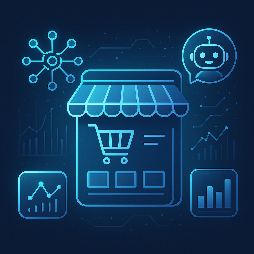 Digital illustration of an e-commerce store integrated with AI technology icons representing AI-driven digital marketing transformation.