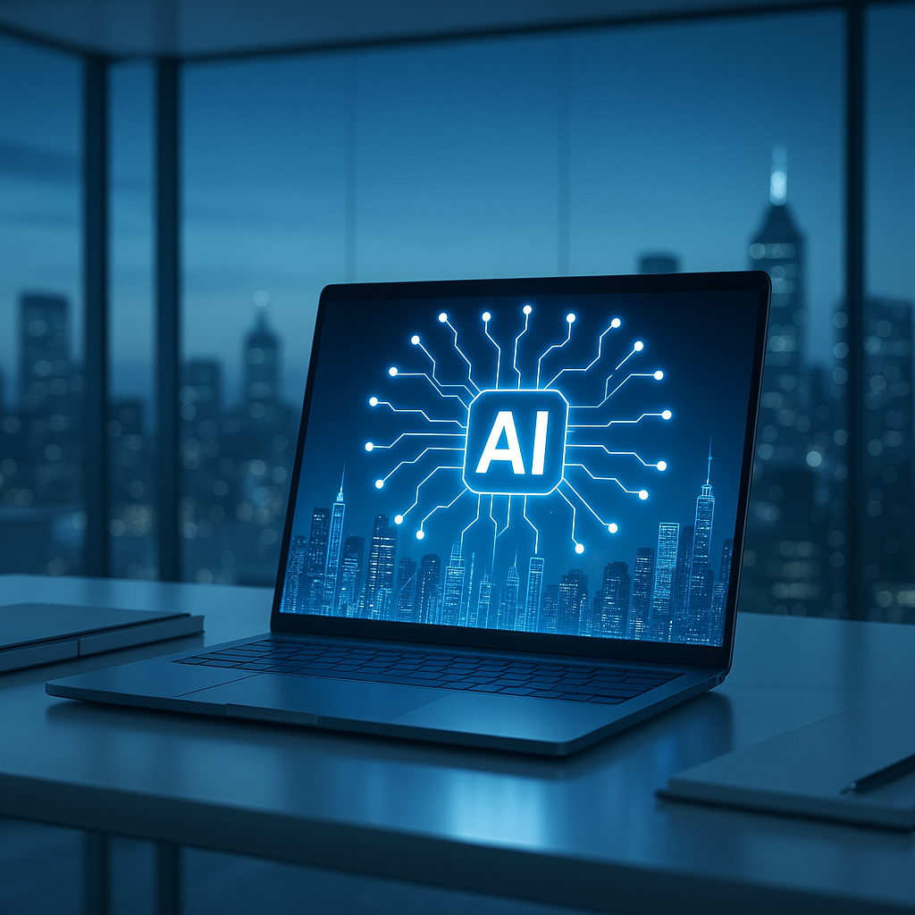 Modern AI computer with neural network overlay symbolizing how AI technology transforms business operations and innovation worldwide