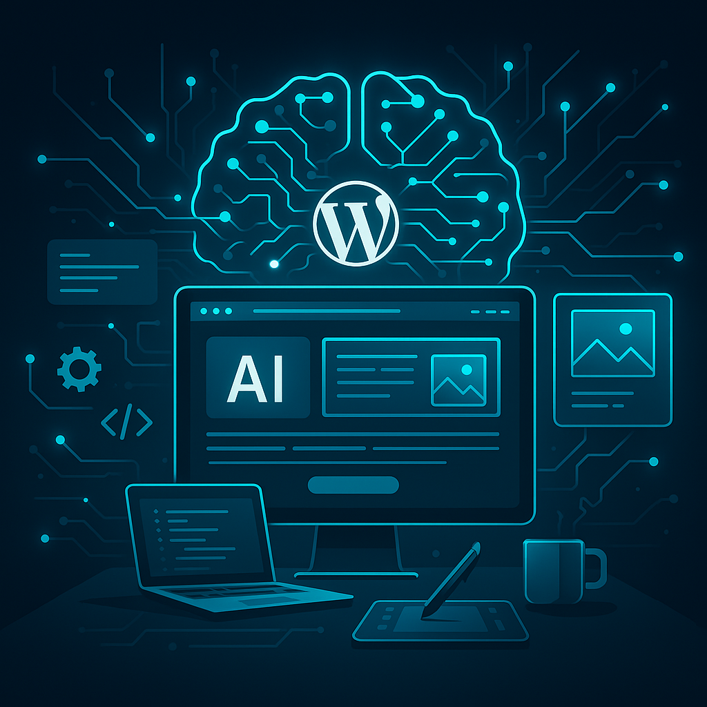 Futuristic graphic showing the integration of AI neural networks with WordPress website development elements highlighting intelligent, adaptive web design and technology