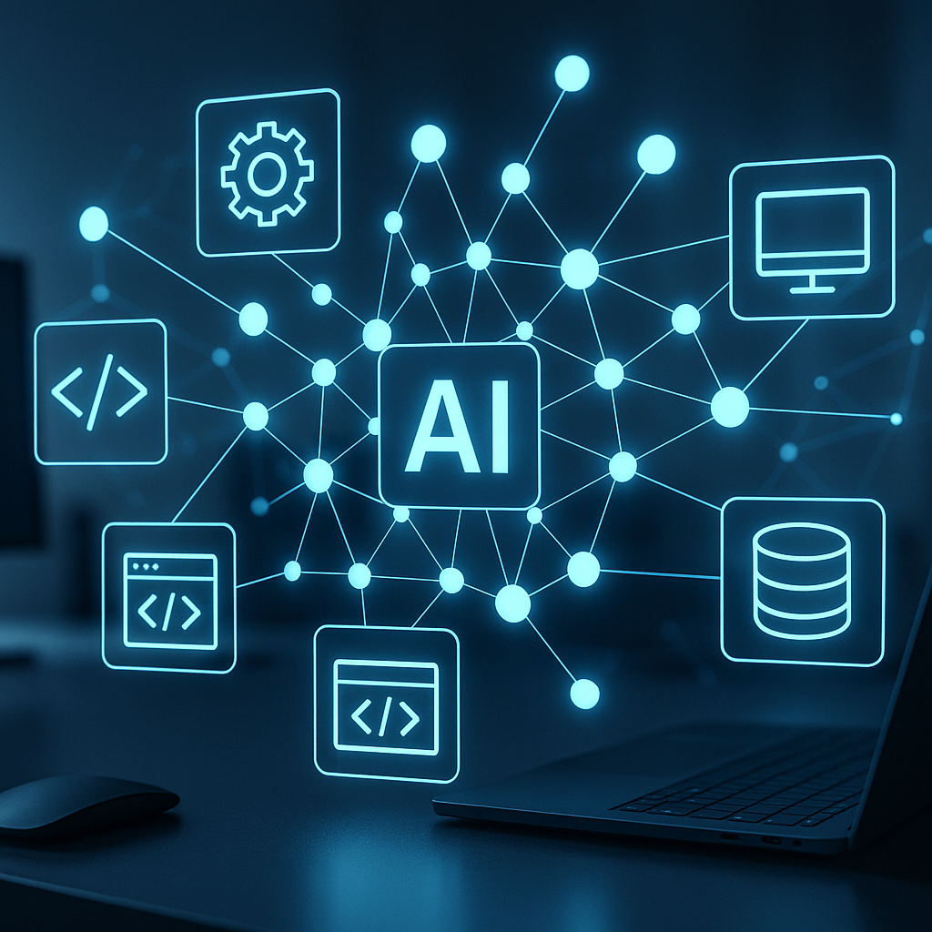 Futuristic digital workspace with AI neural network and software development icons representing digitalization and artificial intelligence transforming custom software development in 2024.