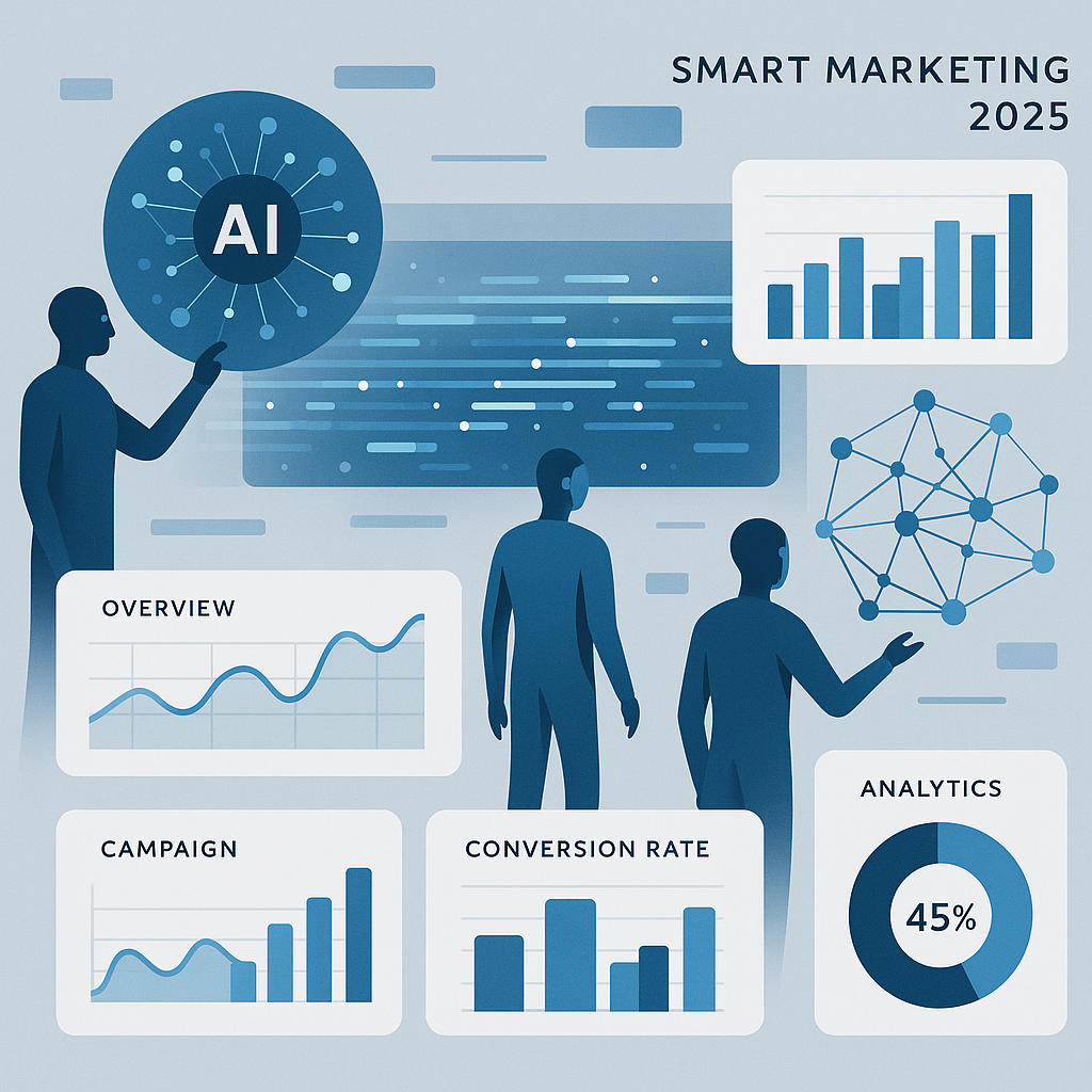 Modern digital marketing interface illustrating intelligent agents leveraging AI knowledge to optimize campaigns with real-time data and analytics