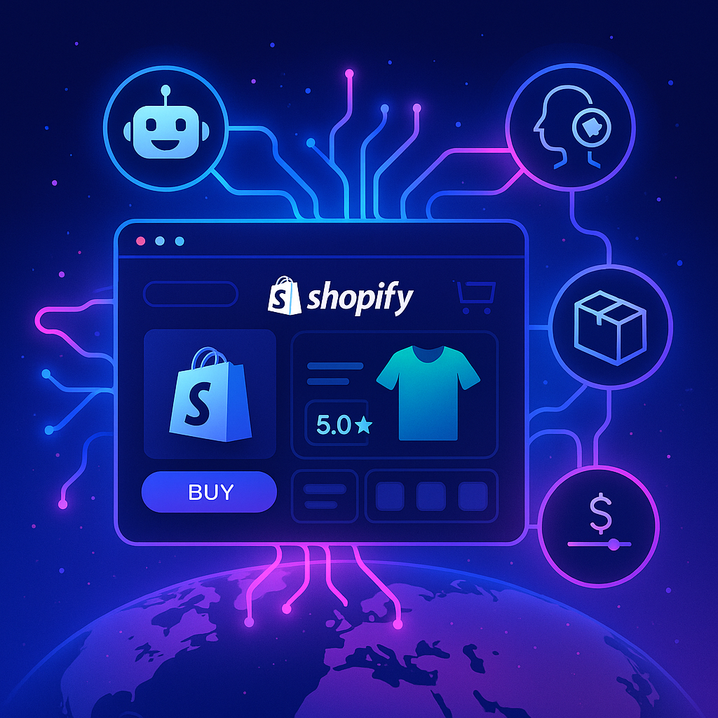 Futuristic depiction of AI agents transforming a Shopify store through personalization, automation, and advanced technology in e-commerce.