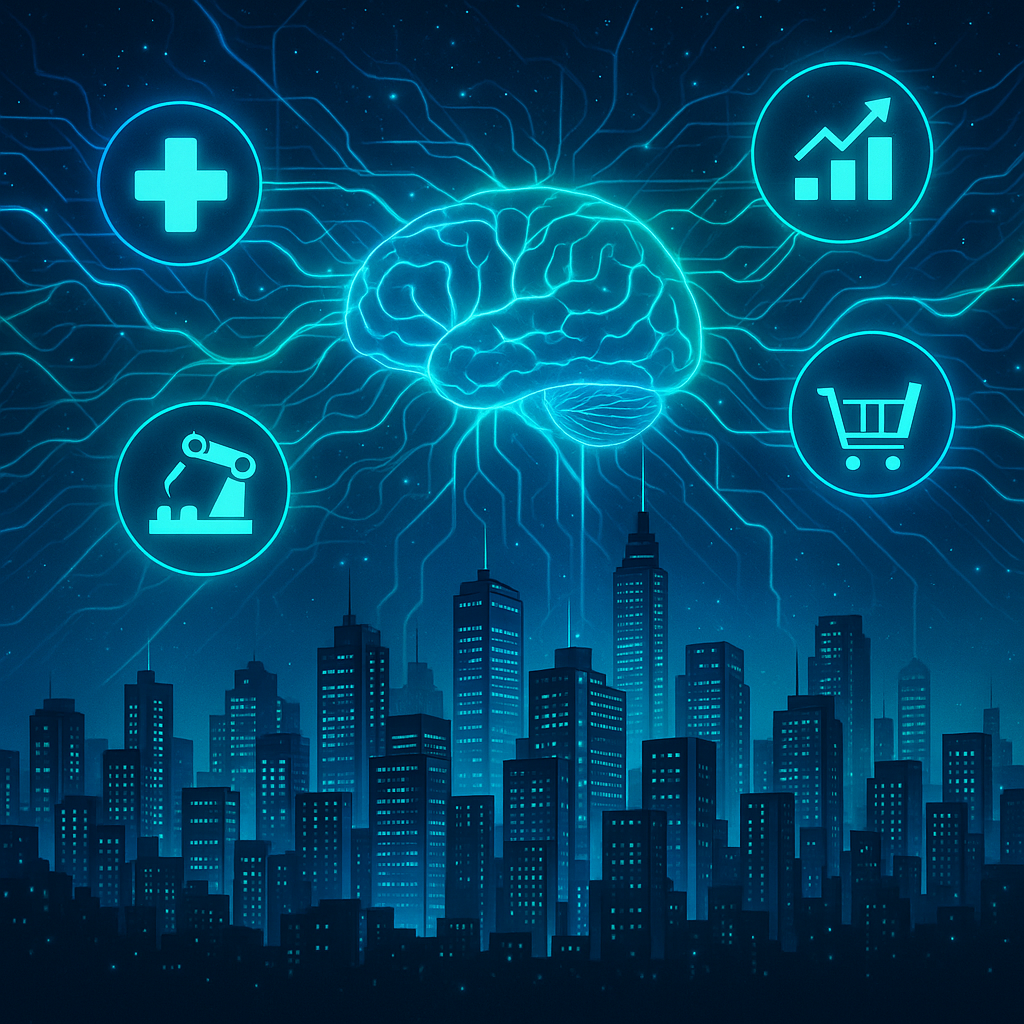 Illustration of AI revolutionizing digital transformation across multiple industries with futuristic city and neural networks