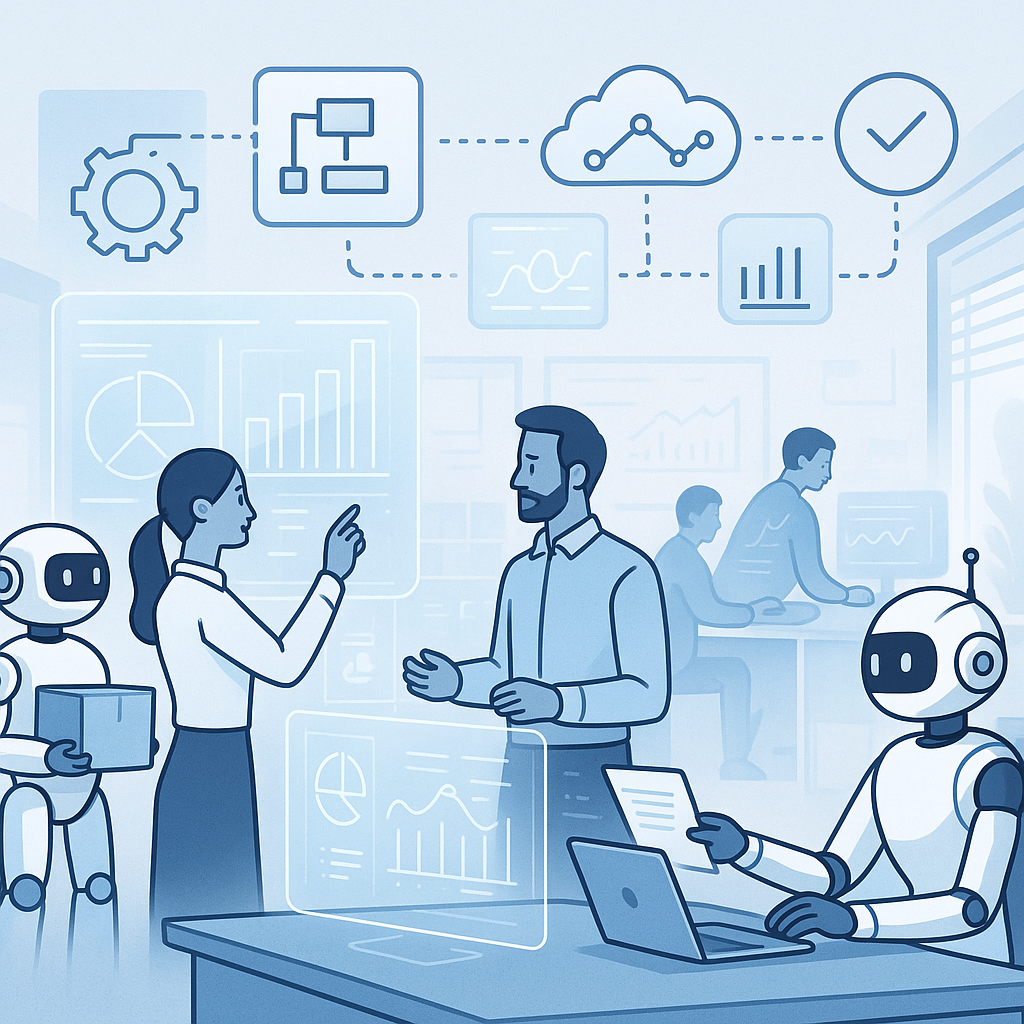 Illustration of AI-driven automation transforming small business operations with futuristic digital interfaces and robotic assistance