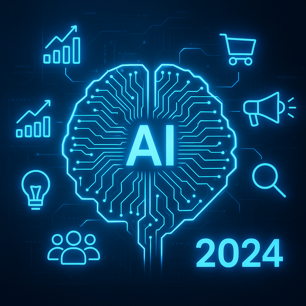 An abstract digital brain composed of circuits with glowing marketing symbols representing AI-driven digital marketing revolutionizing business in 2024.