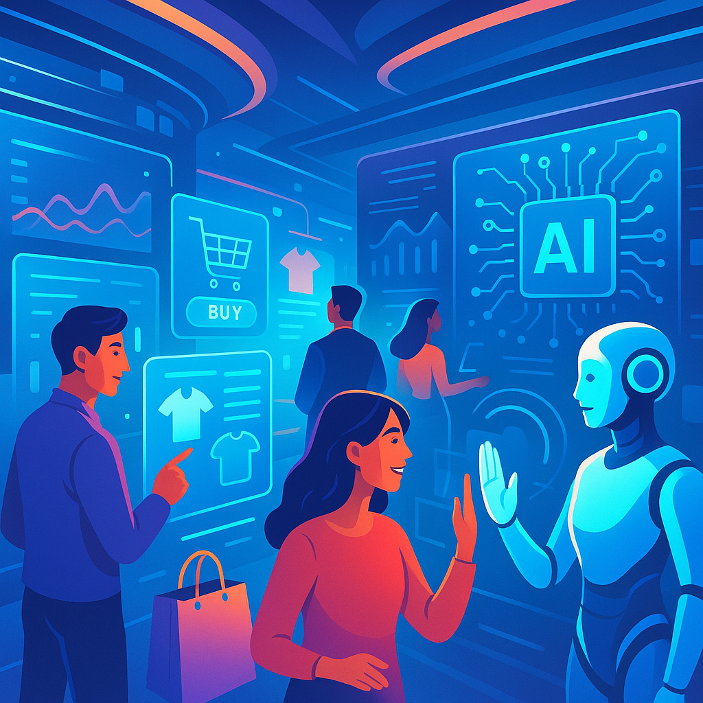 A digital marketplace showcasing AI innovations transforming e-commerce and digital marketing with data analytics and virtual assistants interacting with customers