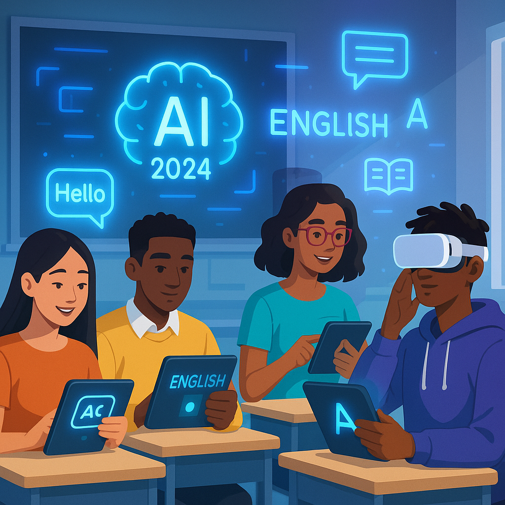 Digital classroom with diverse students engaged in AI-powered personalized English learning using tablets and VR technology, highlighted by glowing holographic language symbols.