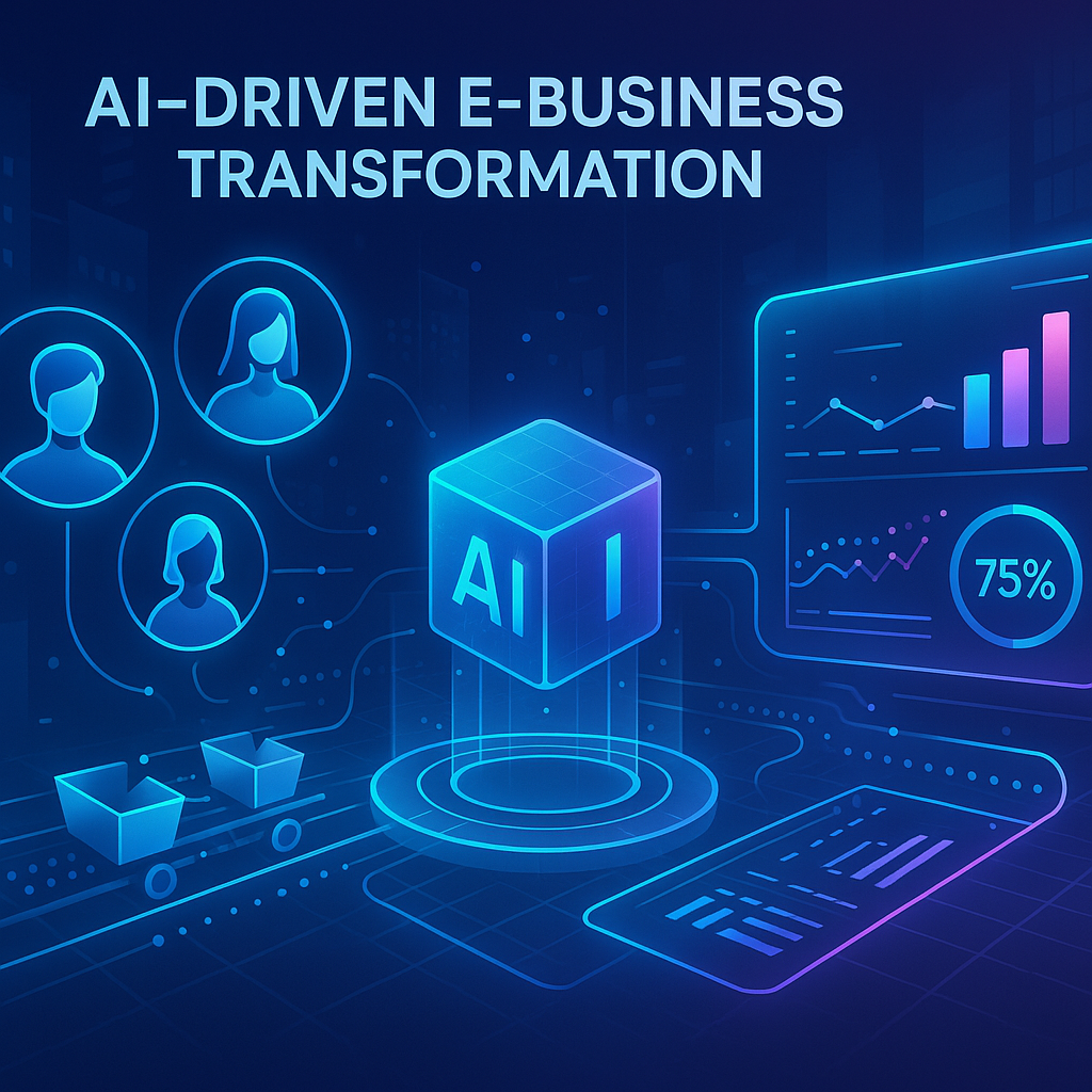 Visual representation of artificial intelligence transforming customer experience, supply chain management, and personalized marketing in e-business