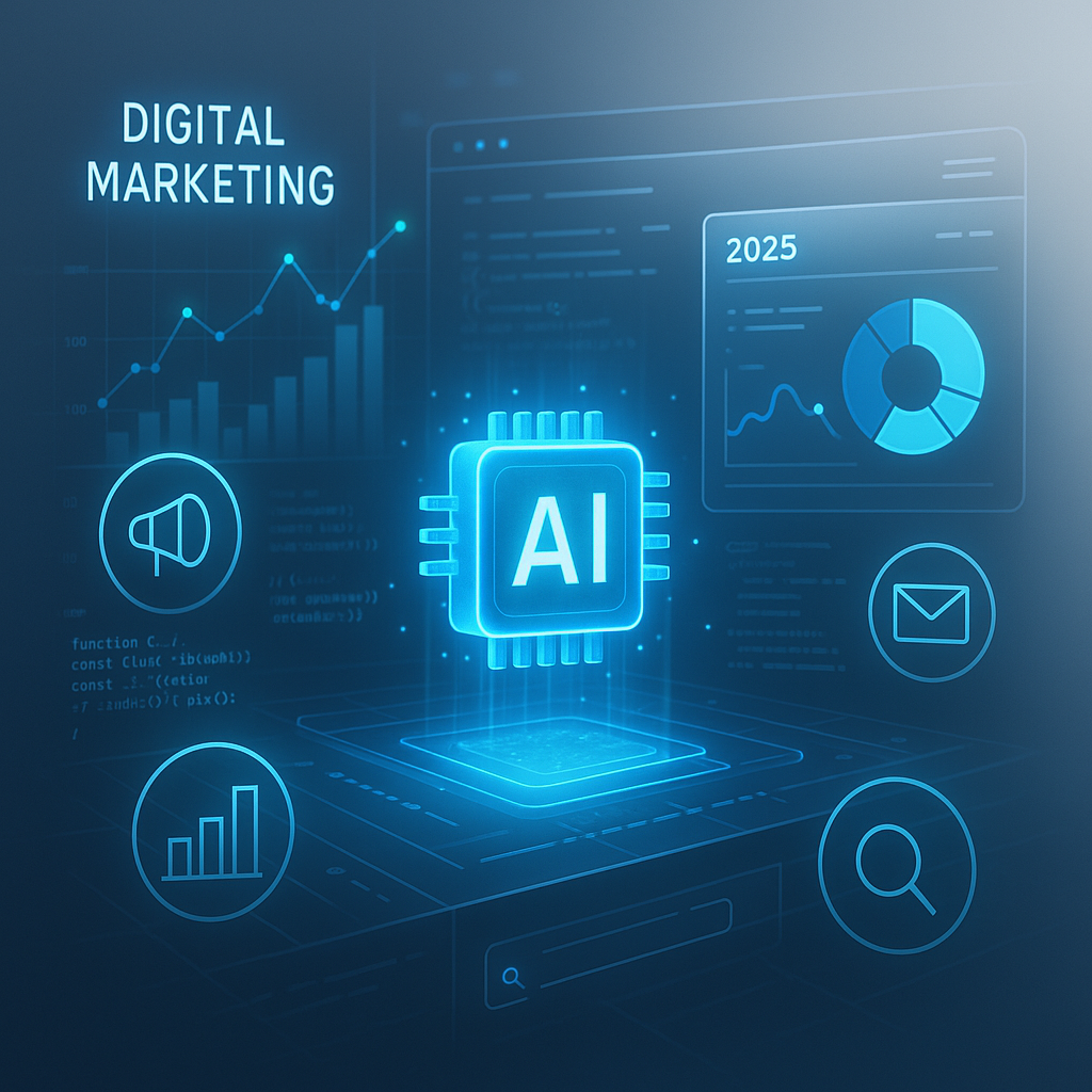 Illustration of AI-driven digital marketing and website development, showcasing futuristic data analytics and intelligent interfaces enhancing online business performance.