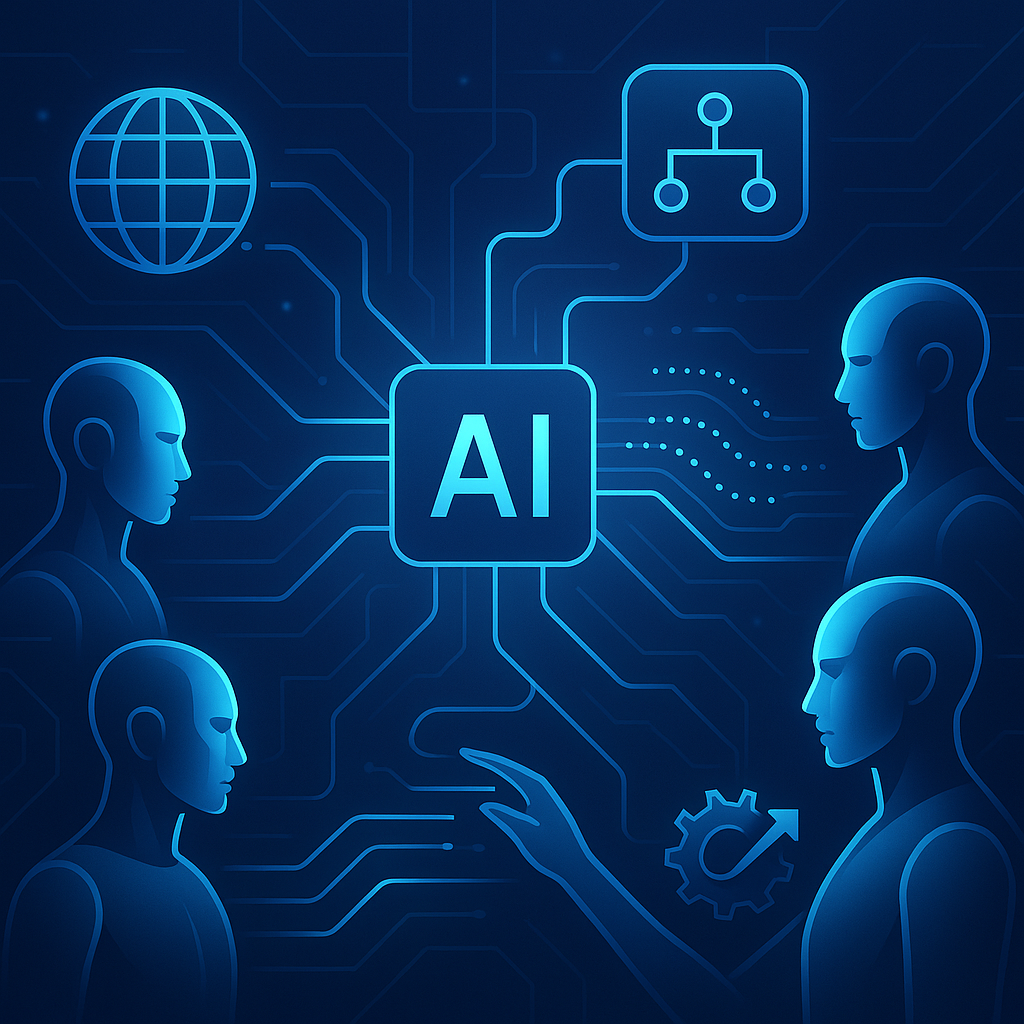 Illustration showing artificial agents in an interconnected AI network representing autonomous decision-making in AI-driven systems, highlighting innovation and intelligence.