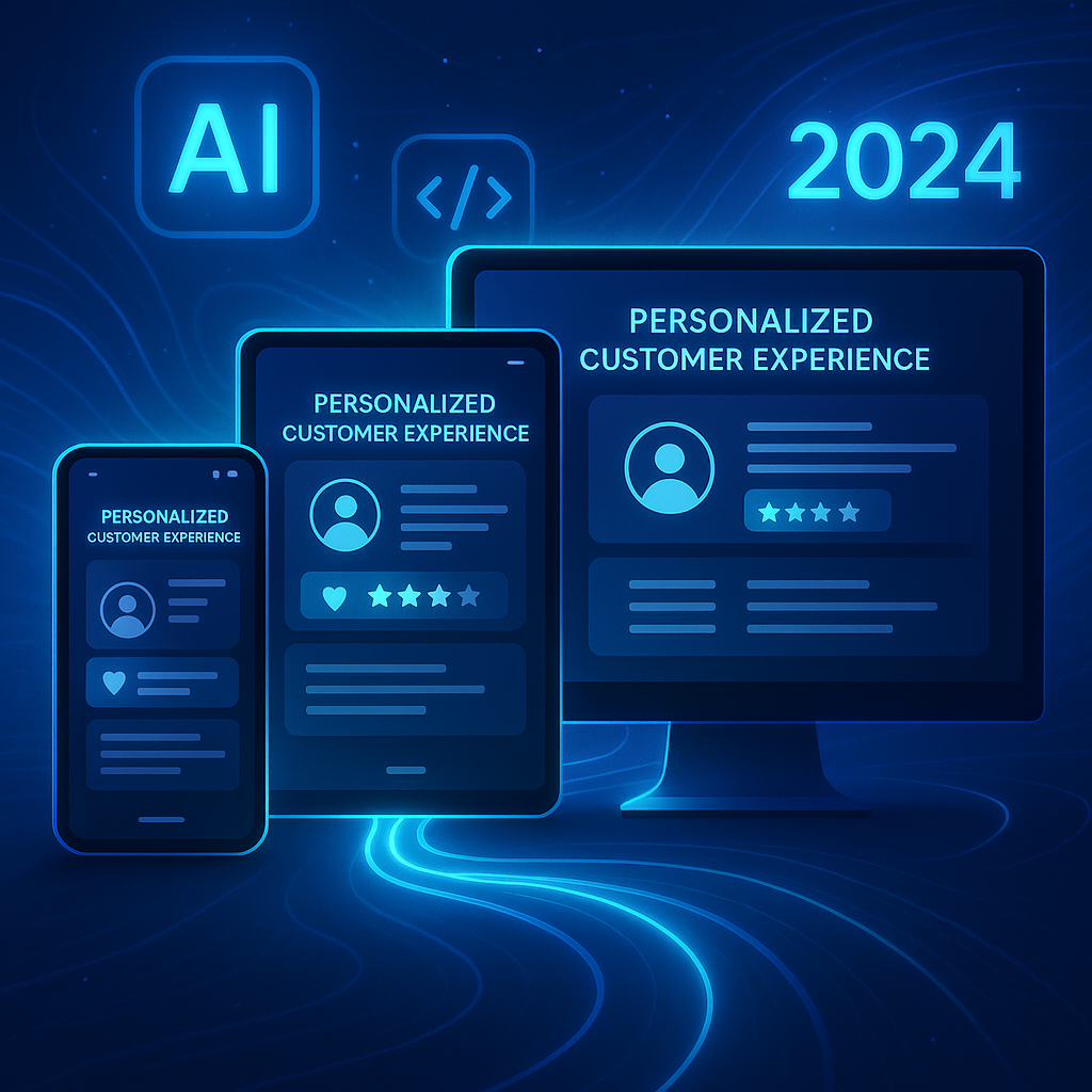 Modern digital interfaces on various devices illustrating custom software development revolutionizing customer experience in 2024