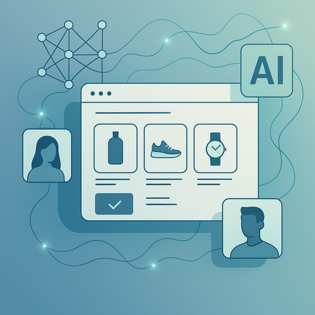 Abstract illustration of AI-enhanced niche e-commerce interface showing personalized customer profiles and product recommendations in a modern, digital environment.
