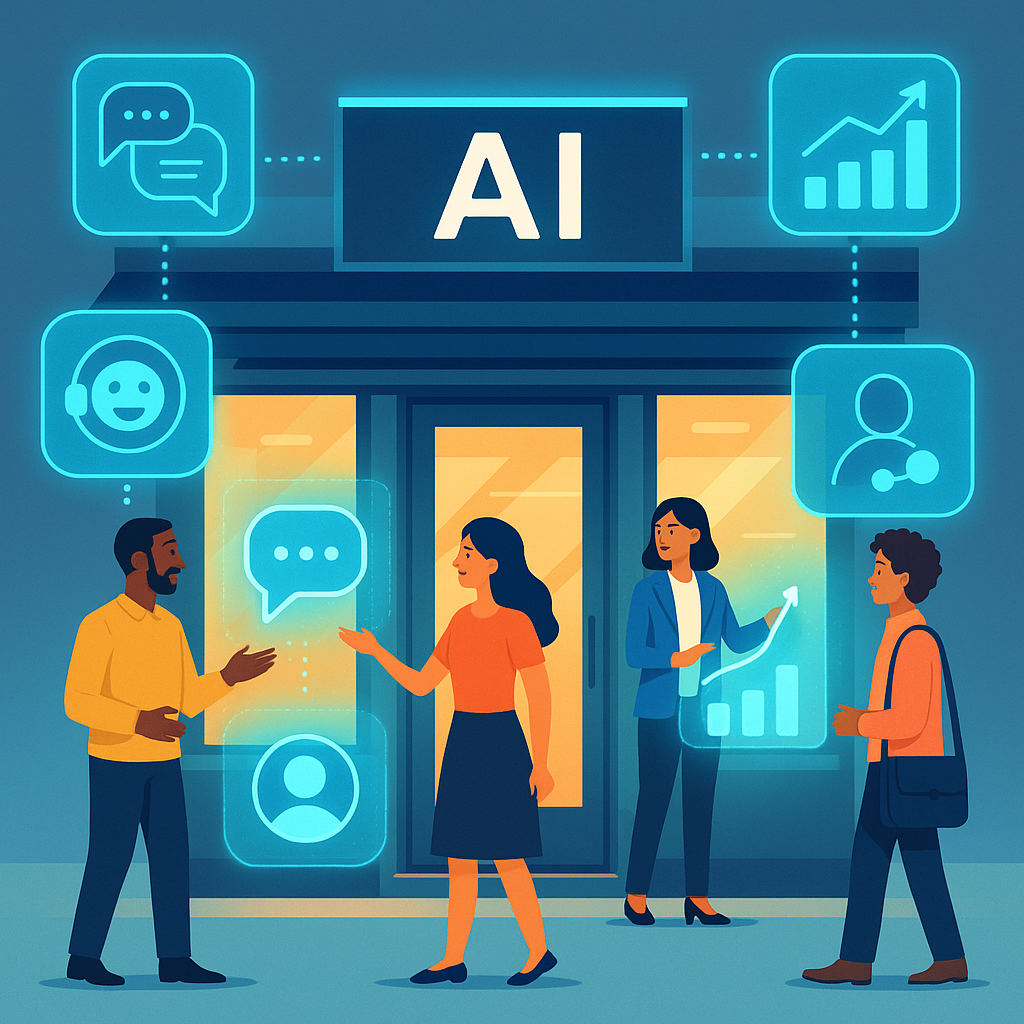Small business leveraging artificial intelligence for customer engagement and sales growth, featuring digital AI icons and happy customers interacting