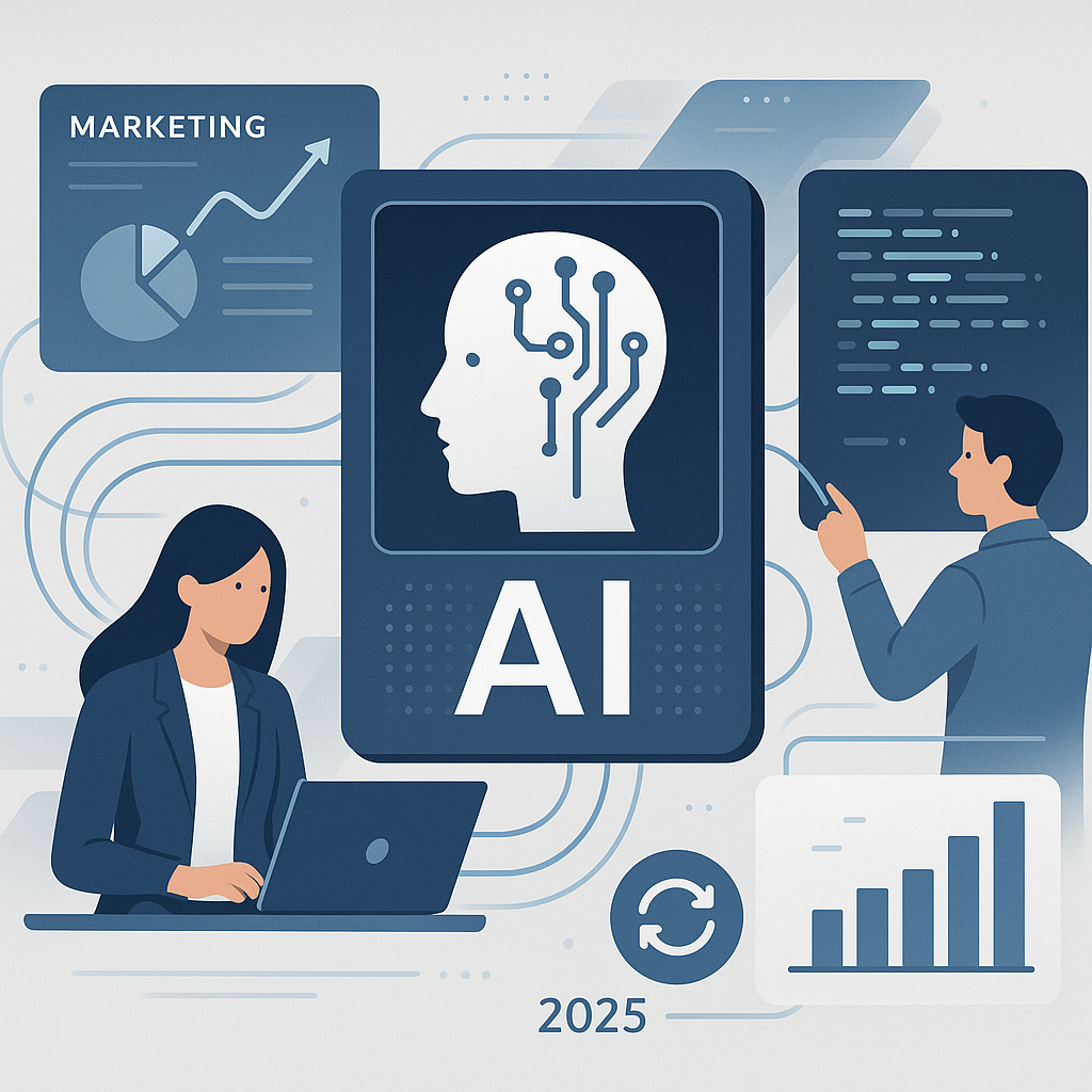 Abstract digital artwork showing AI integration in marketing and custom software development, illustrating AI's transformative role in application outsourcing and business innovation