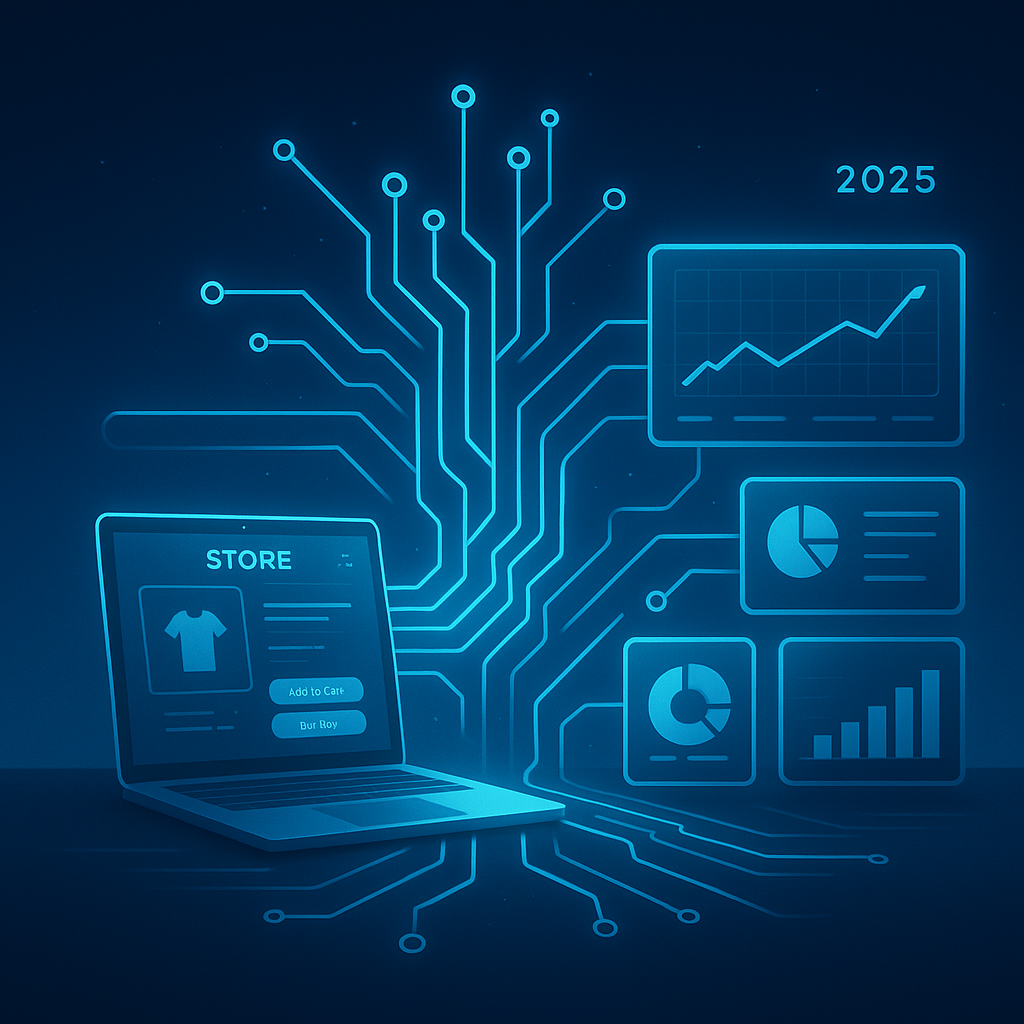 Conceptual image illustrating integrated ecommerce and e-business strategies boosting digital retail growth with interconnected digital devices and analytics dashboards.