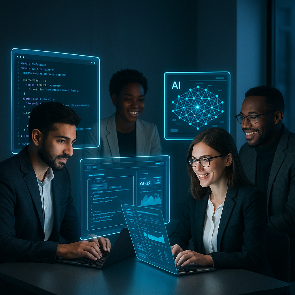 Illustration of professionals collaborating remotely with virtual screens showing custom software development, AI integration, and web development dashboards representing maximizing innovation and efficiency through outsourcing in 2024.