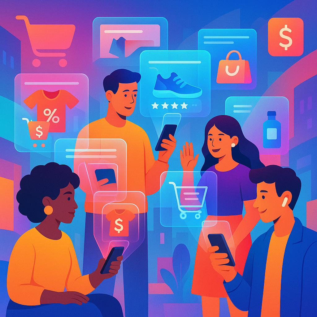 Illustration of diverse shoppers using mobile devices and augmented reality for an innovative online ecommerce shopping experience reflecting modern commerce marketing strategies