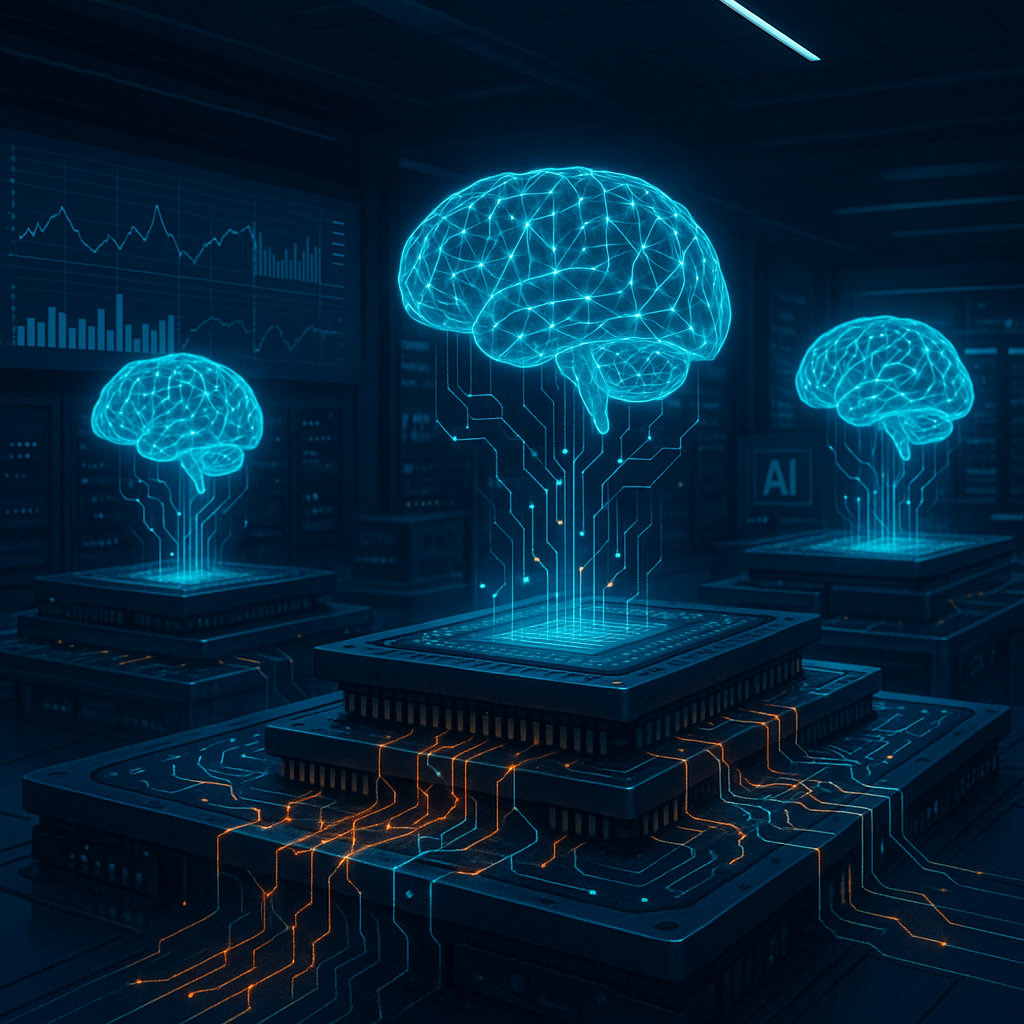 Futuristic computer architecture with AI visualizations of neural networks and processors illustrating AI shaping the future of computing