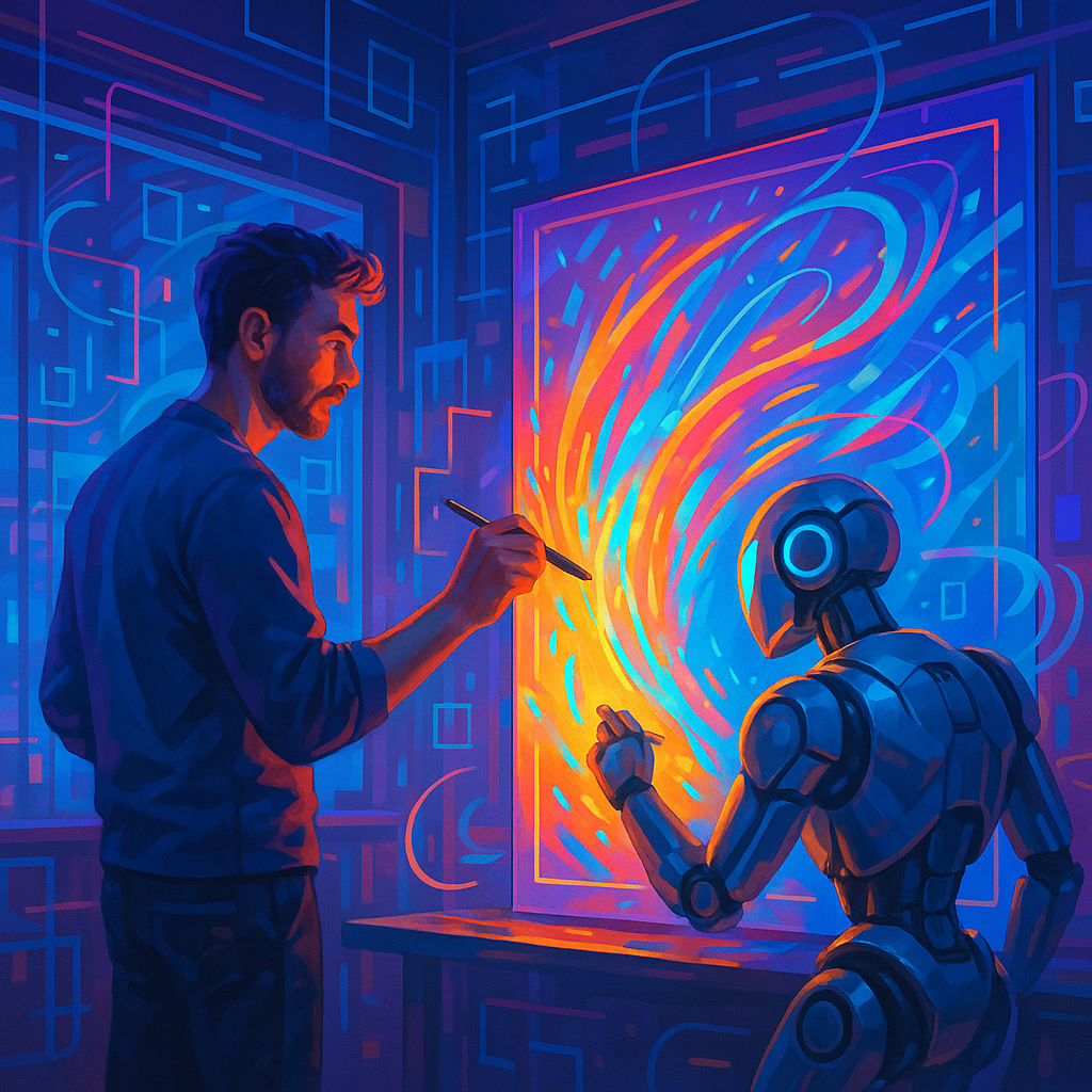 Human artist and AI robot collaborating on a glowing digital canvas with holographic art elements, representing the transformation of digital art and design by AI tech in 2024.