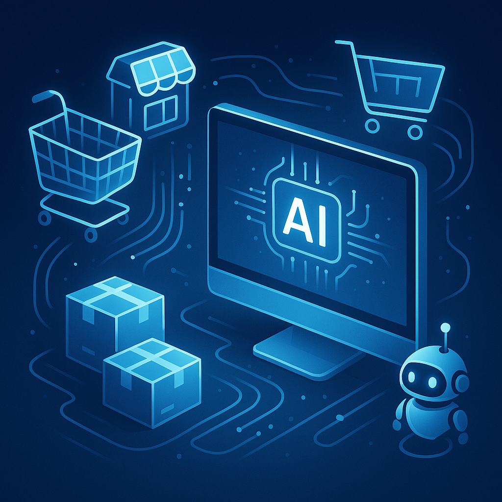Futuristic AI-powered computer system transforming ecommerce with data streams, shopping carts, and automated logistics, representing the revolution in online retail services.