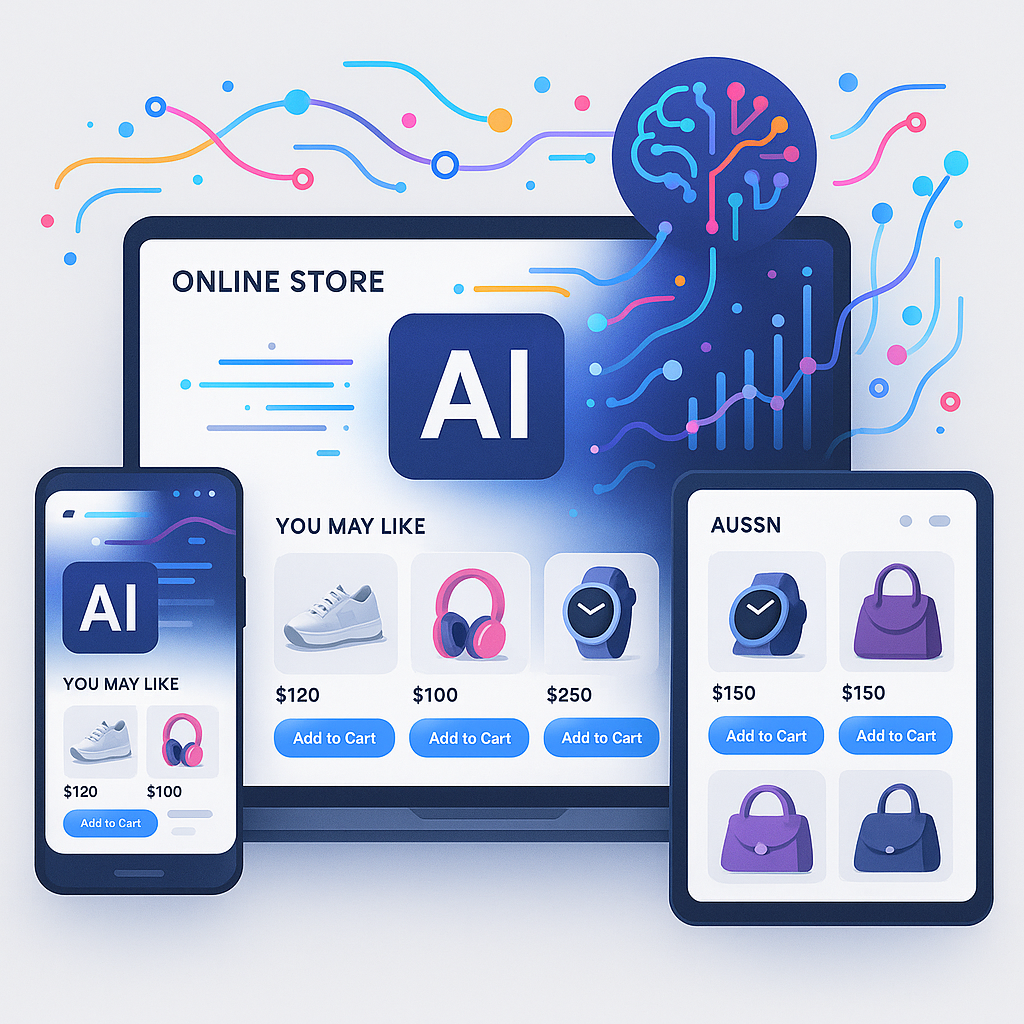 Revolutionizing Ecommerce with AI-Driven Web Development showcasing personalized shopping interface and AI data integration