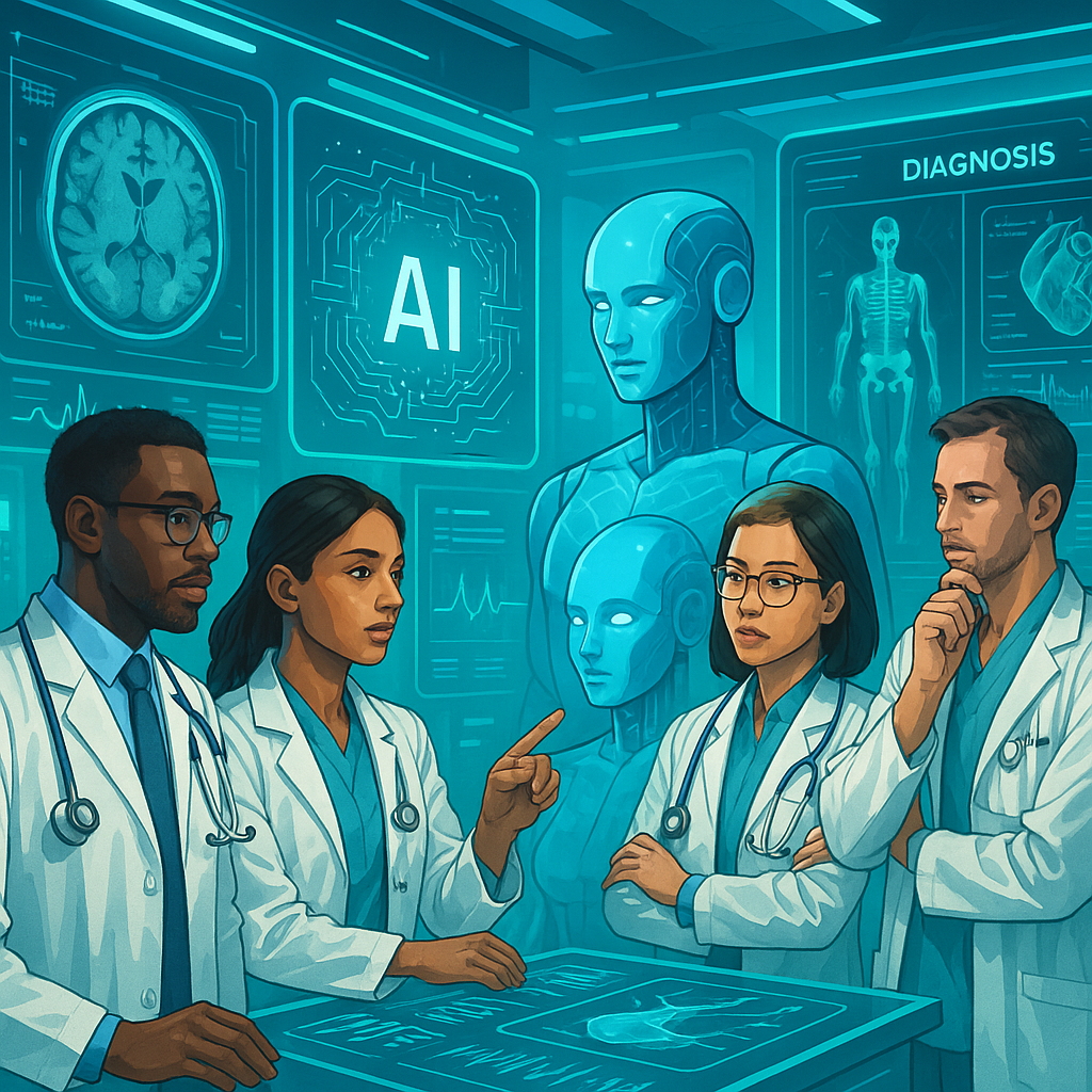 Modern hospital environment where doctors use advanced artificial technology to analyze medical data and images for enhanced patient diagnosis and treatment.