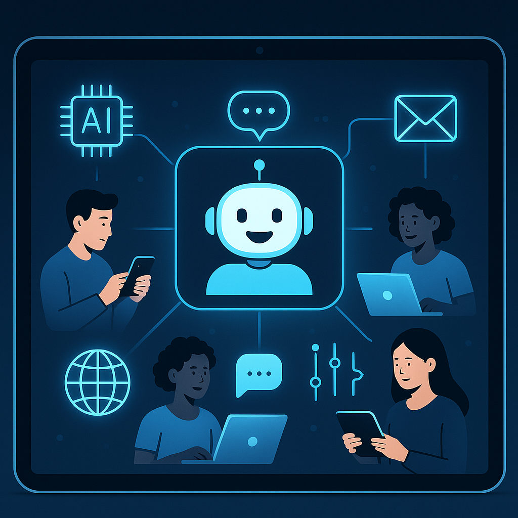 Illustration of AI-driven customer service system software engaging clients through multiple digital devices enhancing satisfaction and streamlining operations