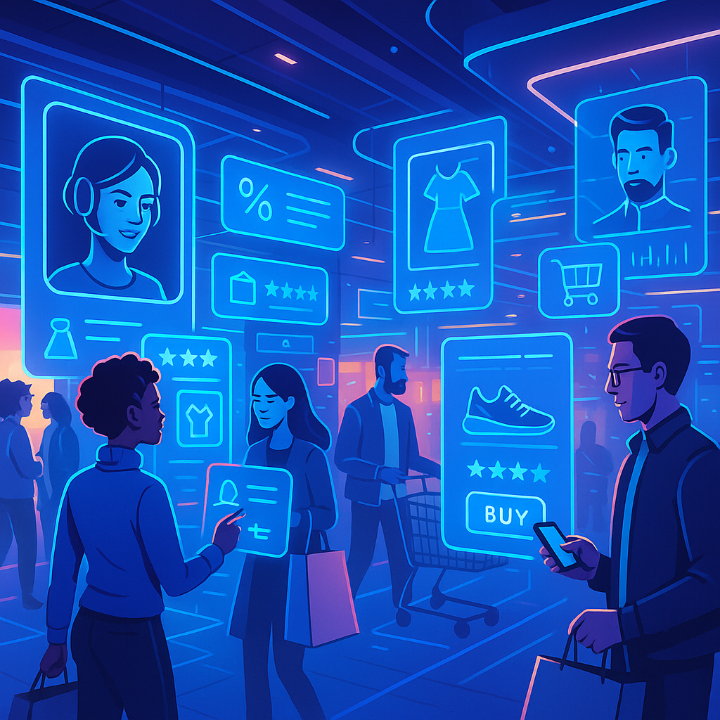 A futuristic ecommerce scene showing shoppers interacting with AI-driven holographic marketing interfaces illustrating AI's role in revolutionizing ecommerce marketing.