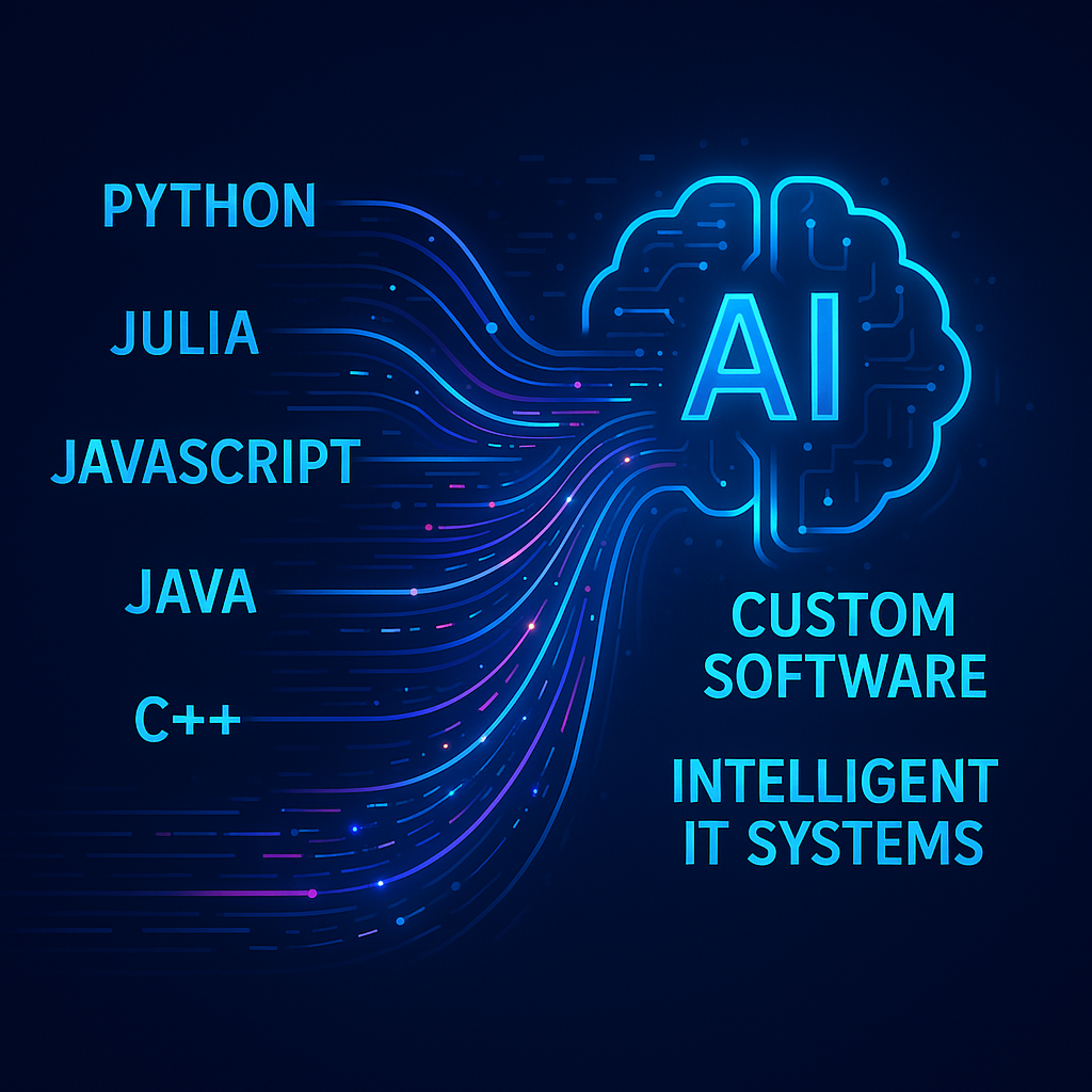 Illustration of top programming languages powering AI-driven custom software and intelligent IT systems in 2024, featuring dynamic code streams and futuristic design.