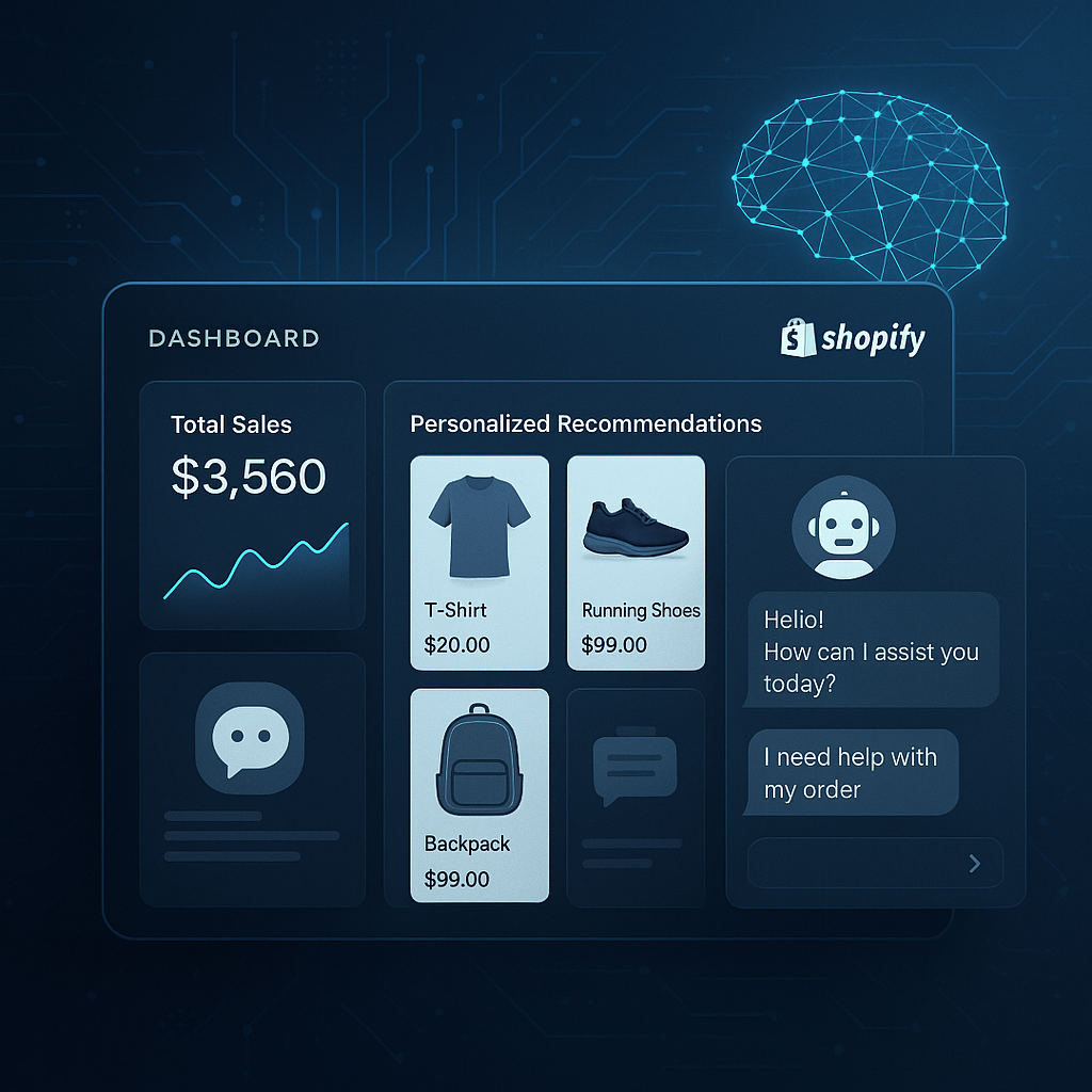 Illustration of AI integration transforming customer experience on a Shopify store with personalized product recommendations and chatbot support