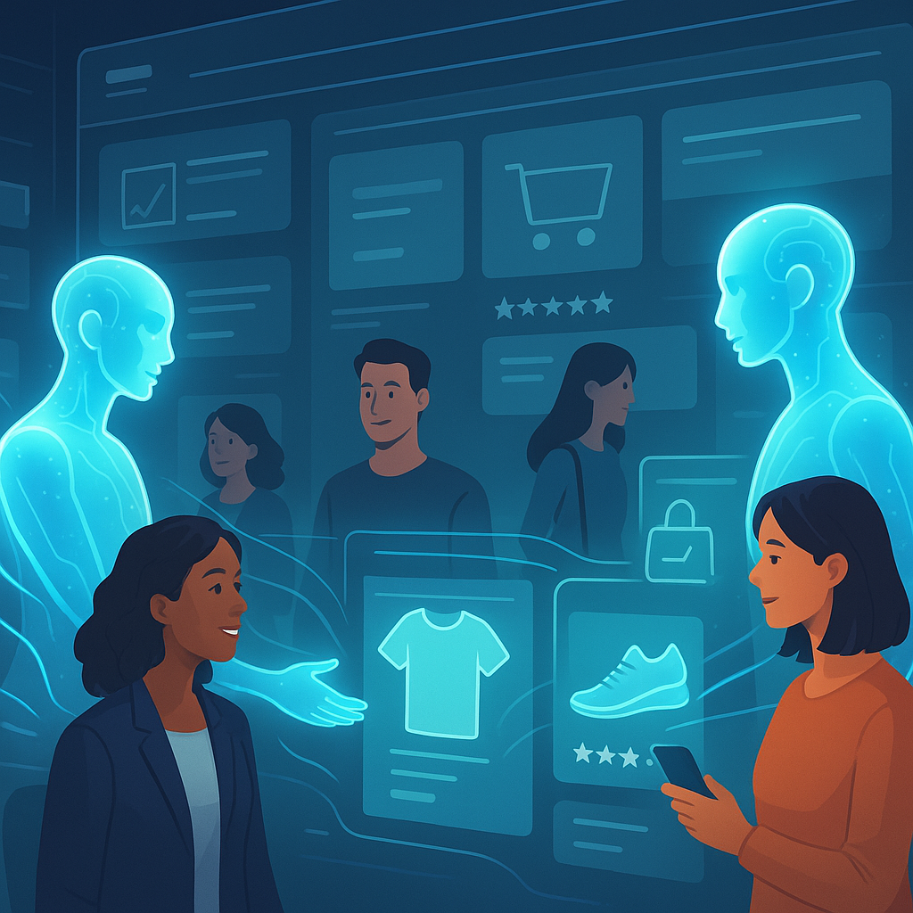 Futuristic ecommerce environment showing AI consciousness transforming marketing with human-like AI assistants and dynamic holographic interfaces.