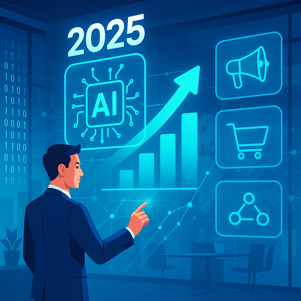 Futuristic digital illustration of AI transforming business development and digital marketing with interactive data interfaces and glowing technology elements