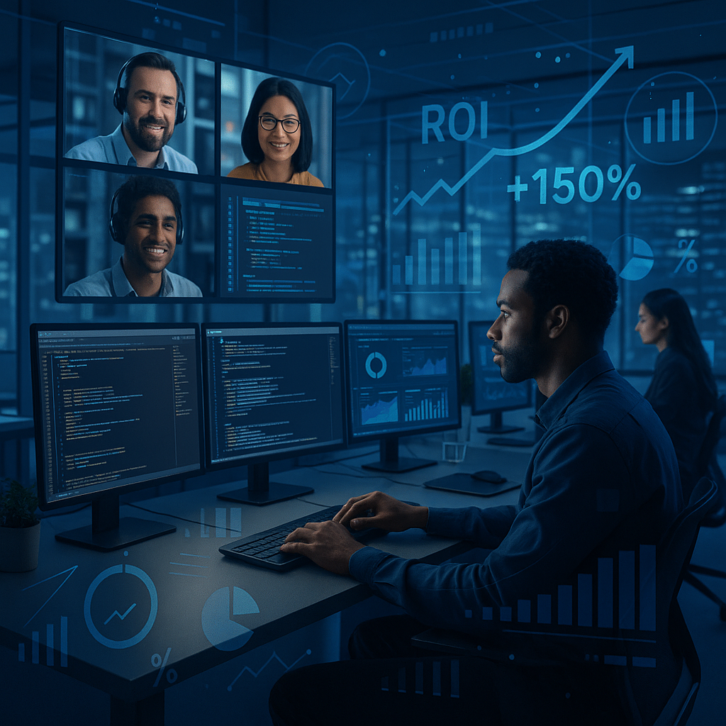 Diverse software development team collaborating remotely on custom software projects illustrating innovation and ROI growth for mid-sized tech firms