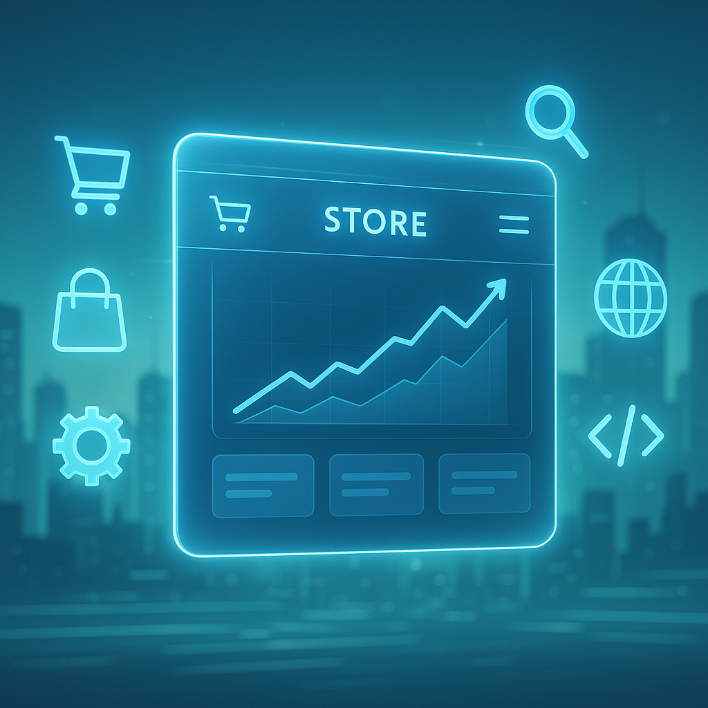 A futuristic digital storefront hologram illustrating expert web page development driving seamless e-commerce growth with dynamic data and technology icons.