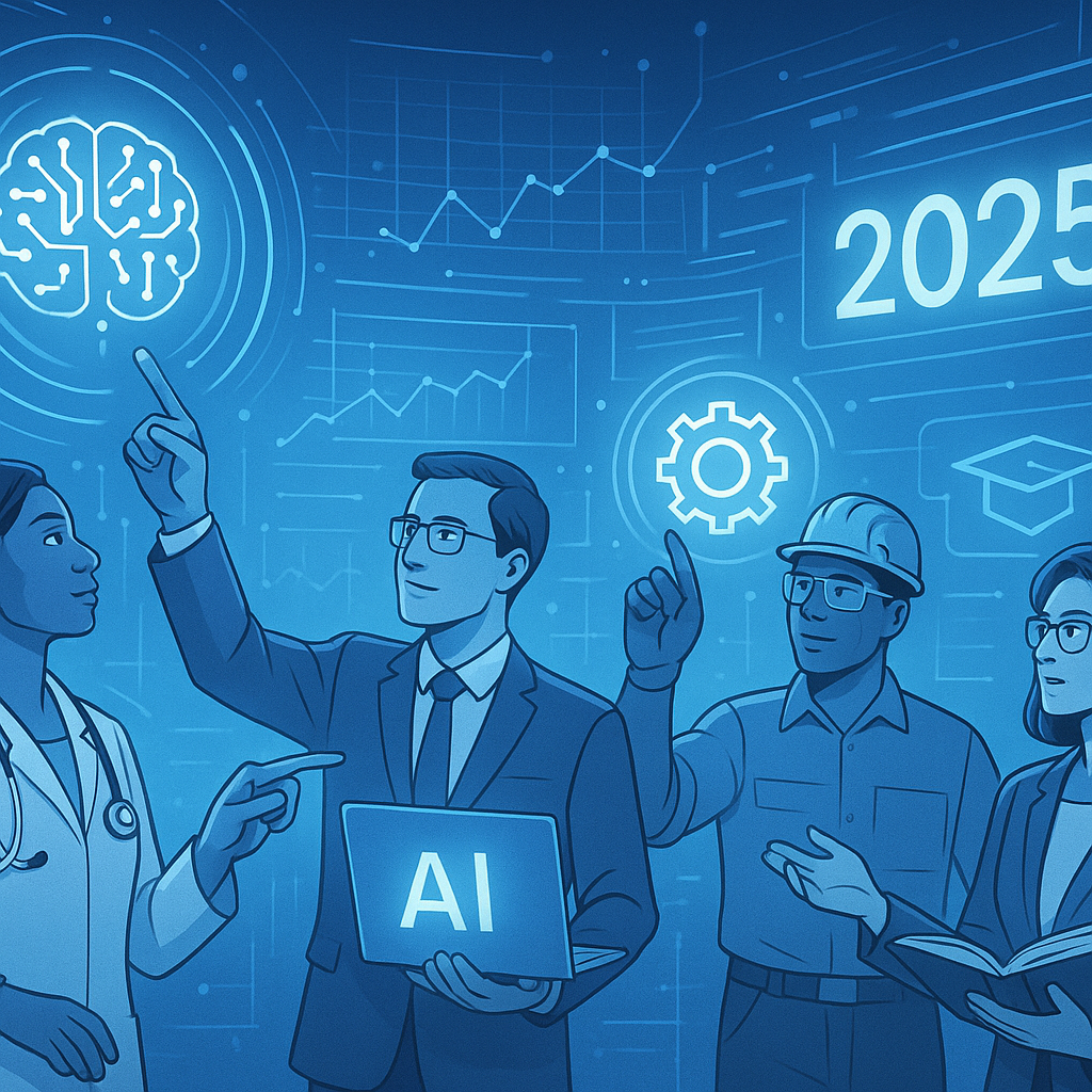 Unlocking Tomorrow: Professionals collaborating with futuristic AI holograms representing innovation through understanding artificial intelligence across diverse industries